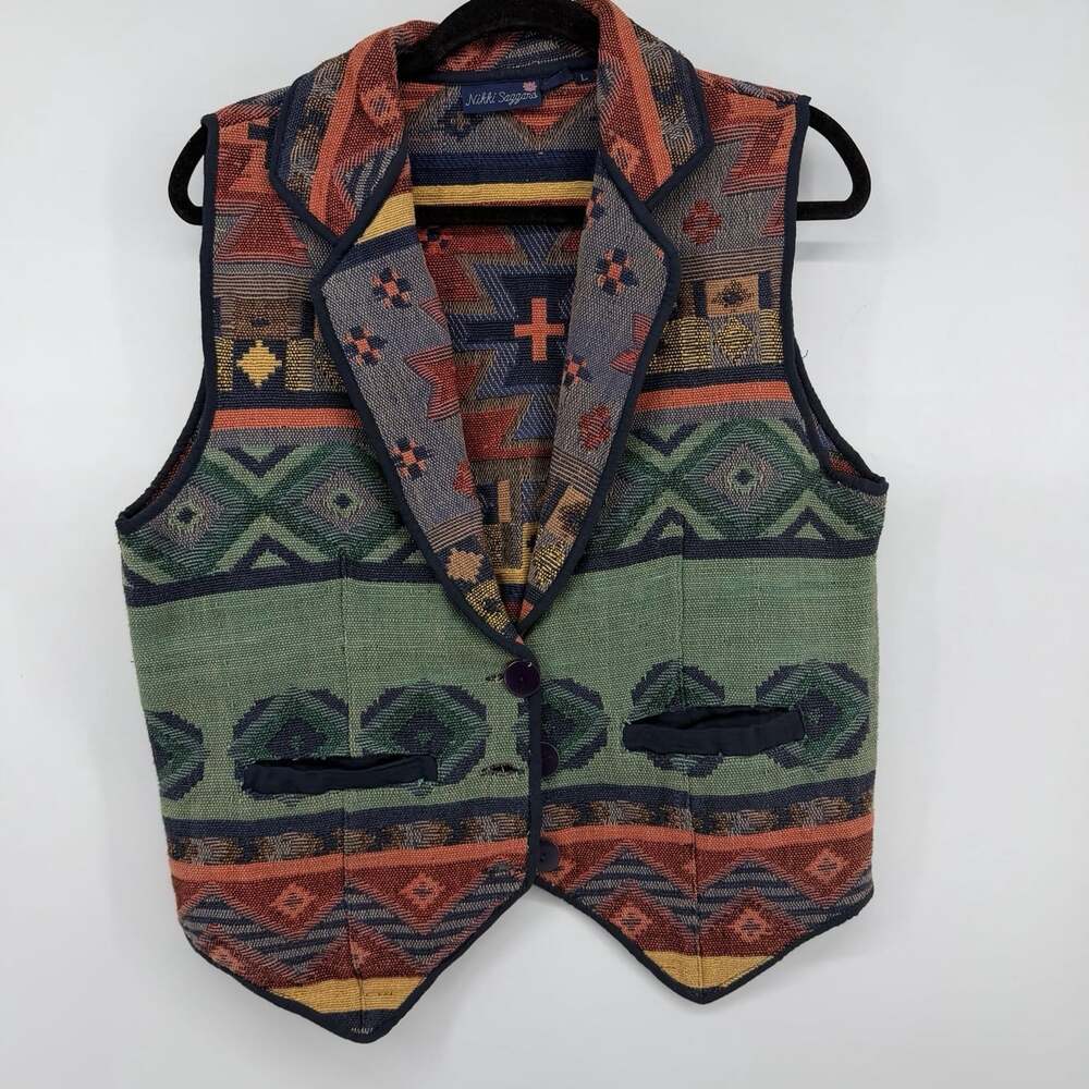 Vtg Southwest Tapestry Vest Womens Large Aztec Geometric Western Boho 90s Indie